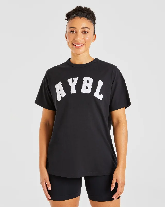 Varsity Fluffy Oversized T Shirt - Black V-Neck T-Shirt Long Sleeve Cotton