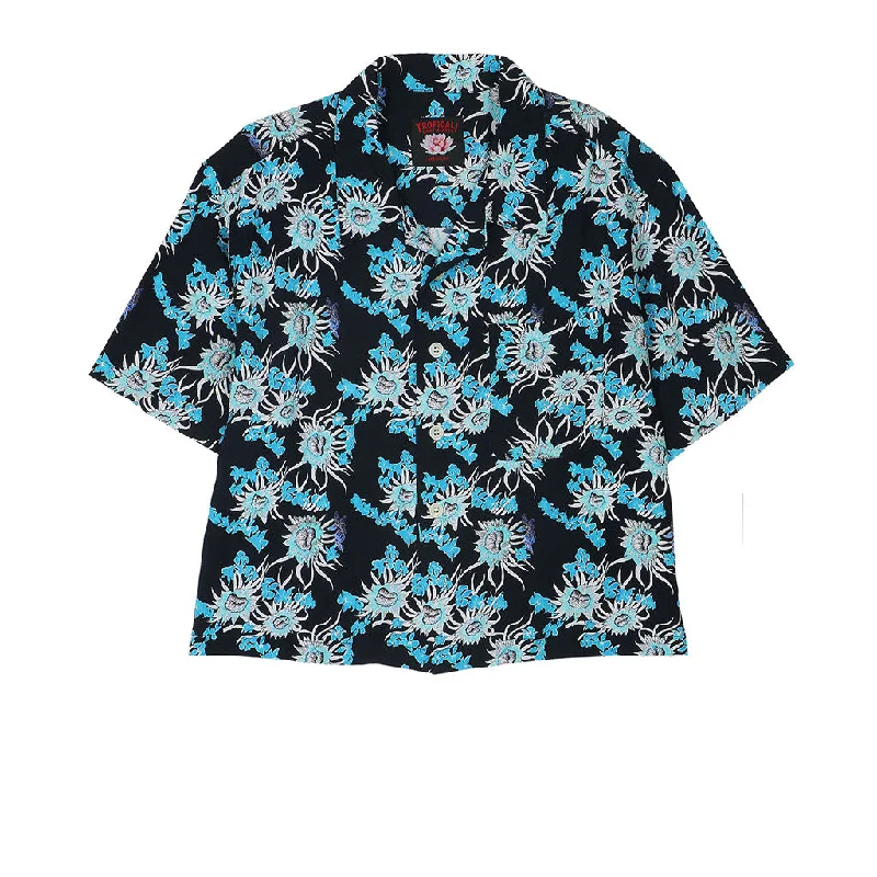 TROPICALI Womens Short Sleeve Cropped Hawaiian Shirt - Old Blue Flower Mesh Fabric Canvas Fabric Denim Fabric