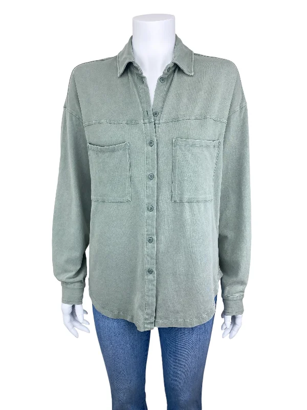 Z Supply Women's Knit Button-Front Shirt Light Sage Green Size S Mesh Blend Leather Blend Suede Blend