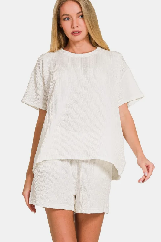 Rib Short Sleeve T-Shirt and Shorts Set V-Neck T-Shirt Long Sleeve Cotton