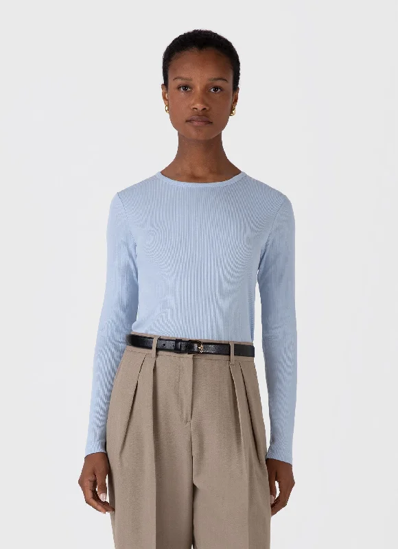 Women's Long Sleeve Ribbed T-shirt in Blue Mist Asymmetrical Pockets Print