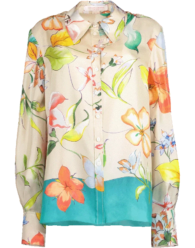 Oversized Border Floral Shirt Zippered Front Buttoned Front Snap Front