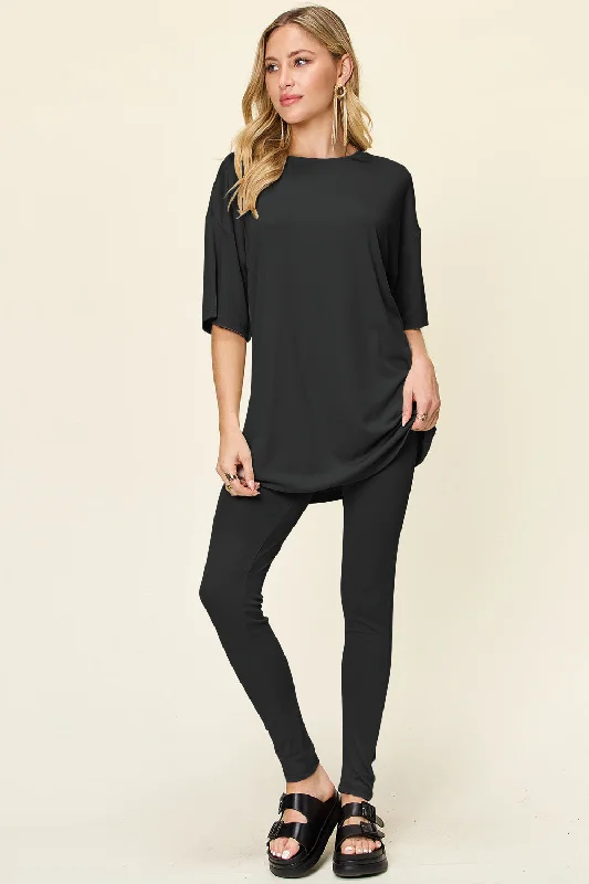 Full Size Dropped Shoulder T-Shirt and Leggings Set Notch Collar Peter Pan Collar Cowl Neck