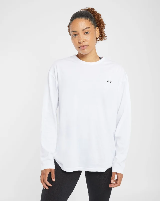 Essential Oversized Long Sleeve T Shirt - White Knit Fabric Woven Fabric Fleece Fabric