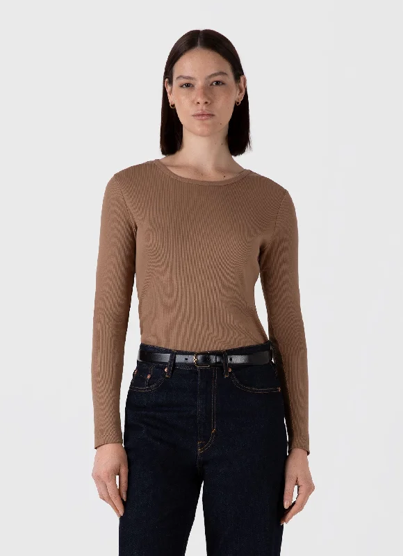 Women's Long Sleeve Ribbed T-shirt in Almond Collared T-Shirt Boat Neck A-Line