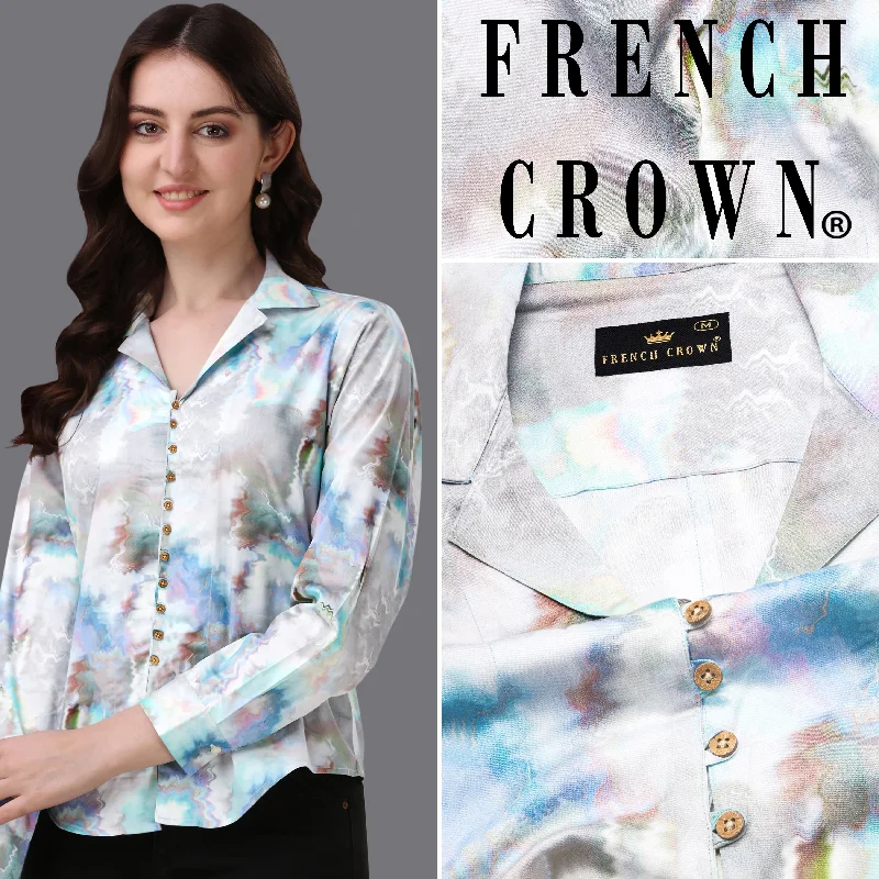 Bright White with Marble Printed Super Soft Premium Cotton Women’s Shirt Ribbed Striped Patterned