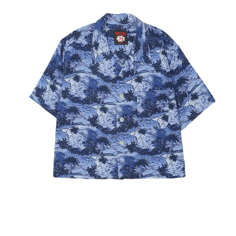 TROPICALI Womens Short Sleeve Cropped Hawaiian Shirt - Blue Palms Embroidered Appliqued Beaded