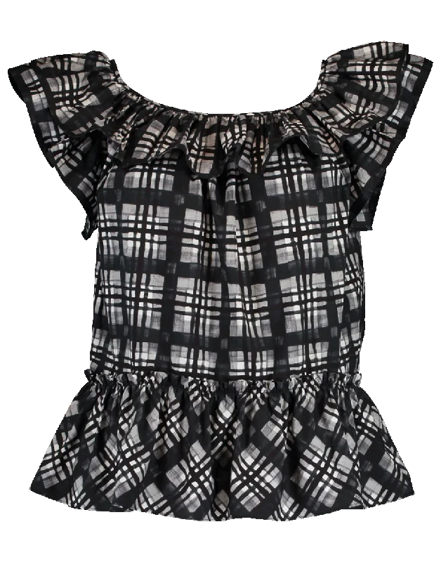 Madras Print Ruffle Shirt Fitted T-Shirt Seamless Stretchy