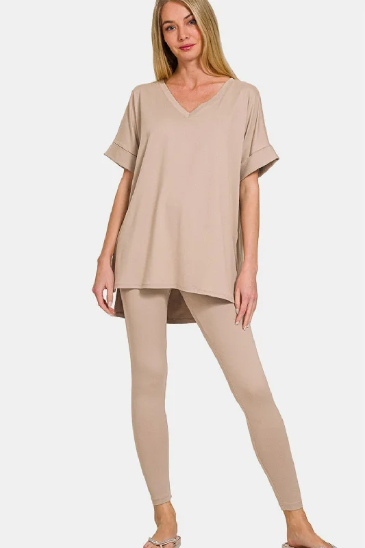 V-Neck Rolled Short Sleeve T-Shirt and Leggings Lounge Set Thin T-Shirt Open Front Quick Dry