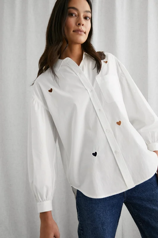JANAE SHIRT - WHITE EYELET HEARTS Satin Fabric Silk Fabric Chiffon Fabric