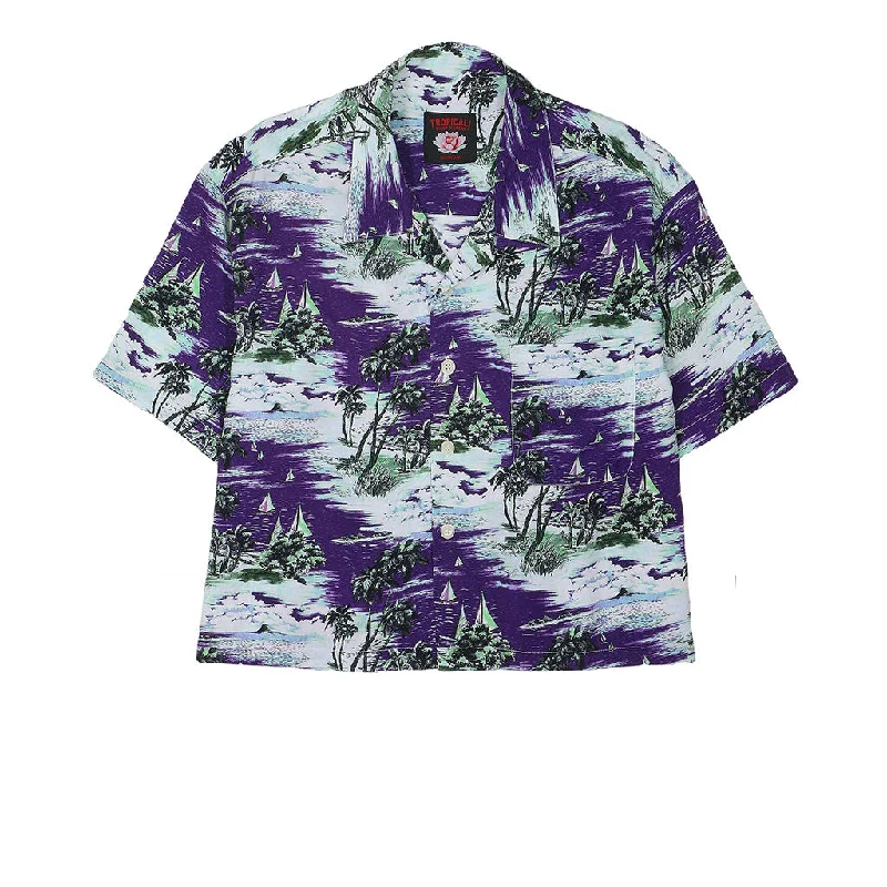 TROPICALI Womens Short Sleeve Cropped Hawaiian Shirt - Purple Boats Ribbed Striped Patterned