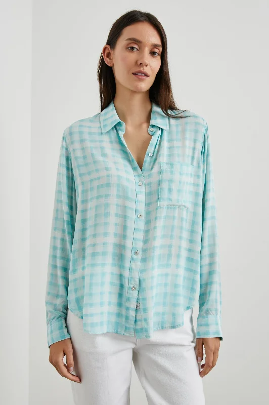JOSEPHINE SHIRT - AQUA PLAID Welt Pockets Slit Pockets Flap Pockets