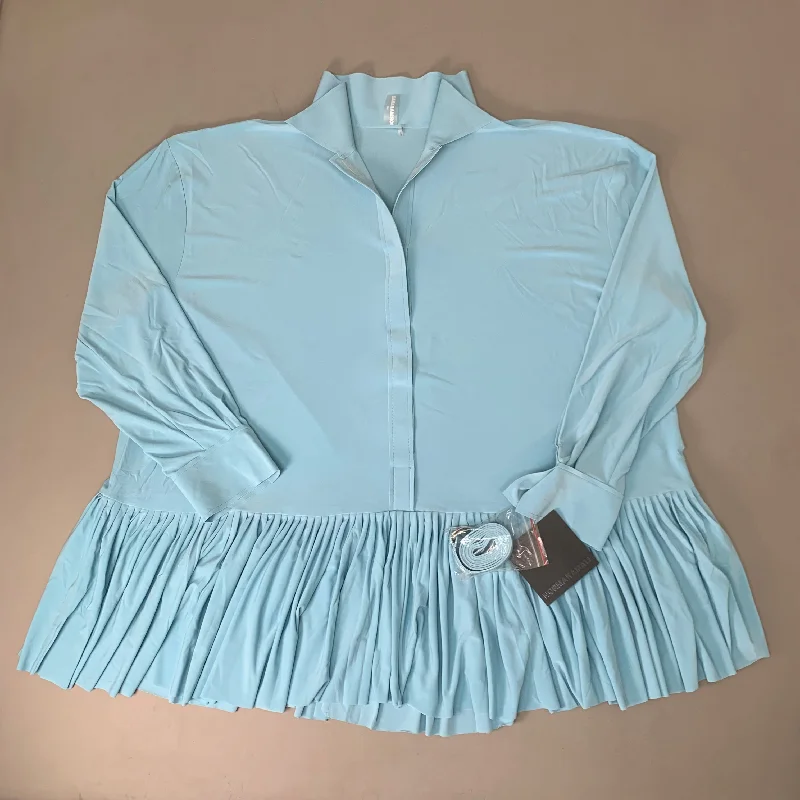 NORMA KAMALI Oversized Boyfriend Nk Shirt W/ Ruffle Bottom SZ L/40 Powder Blue KK5216PL149908 (New) Plaid T-Shirt Polka Dot Checkered