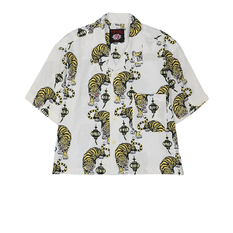 TROPICALI Womens Short Sleeve Cropped Hawaiian Shirt - White/ Yellow Tiger Sequined Glittery Shiny