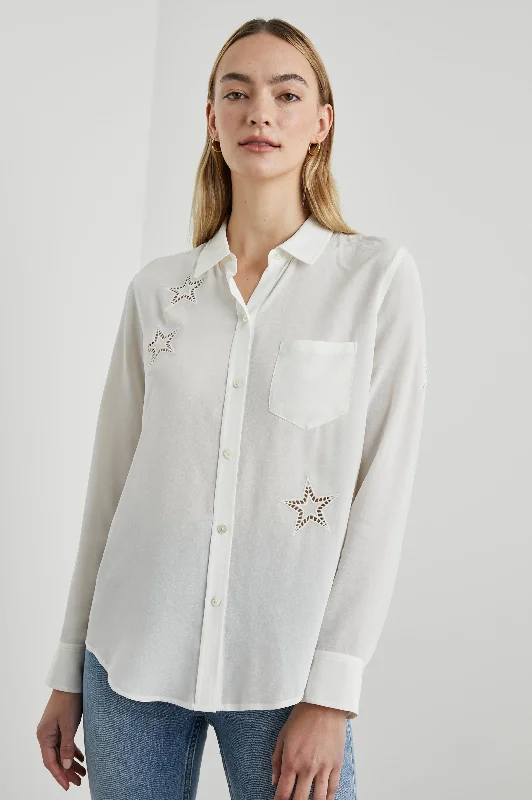 KATE SHIRT - IVORY EYELET STARS Front Pockets Side Pockets Patch Pockets