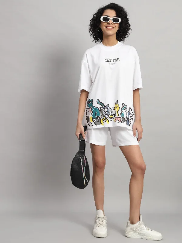 Emoji Cats T-shirt and Short Set Mesh Fabric Canvas Fabric Denim Fabric