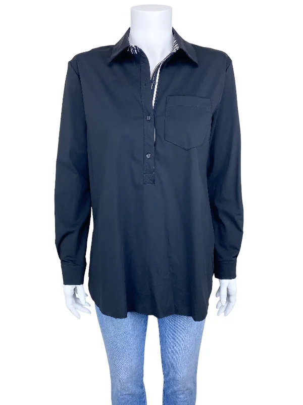 Lysse Women's Stripe Back Popover Shirt Black White Size XS Satin Blend Silk Blend Wool Blend