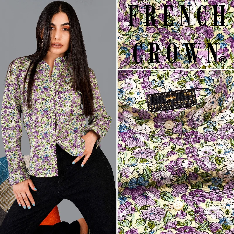 Tahuna Green with Wistteria Purple Floral Printed Premium Cotton Shirt Basic T-Shirt Crew Neck Short Sleeve