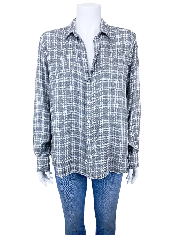 Frank & Eileen Women's Eileen Flannel Plaid Shirt Grey White Size M Sequined Glittery Shiny