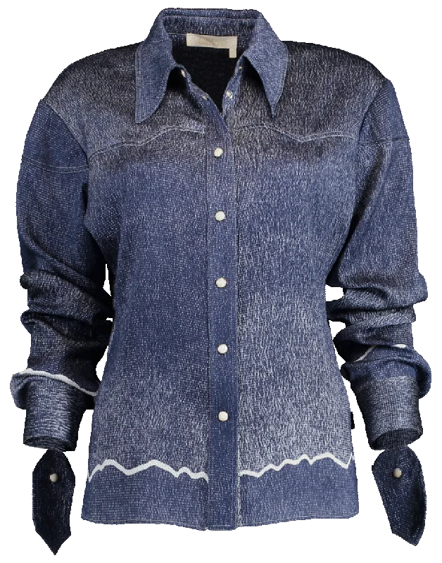 Cowboy-Inspired Ombré Silk Seersucker Shirt Hooded Caped Shawl Collar