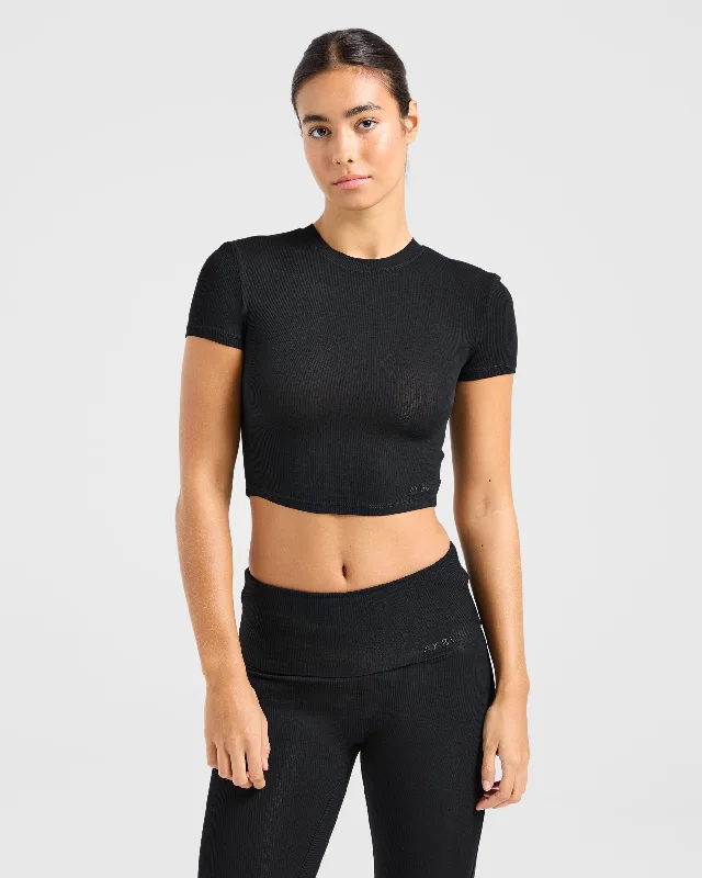 Lounge Ribbed T Shirt - Black Jersey Fabric Tulle Fabric Batik Fabric