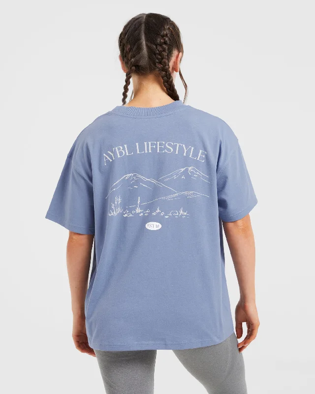 AYBL Lifestyle Oversized T Shirt - Cornflower Blue Solid Print Embellished