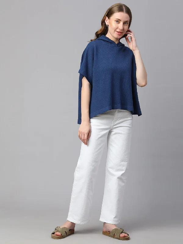 Women's Blue Melan Cotton Boxy Fit Tshirt Lace Blend Ribbed Blend Corduroy Blend