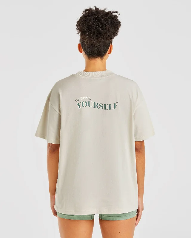 Be Good To Yourself Oversized T Shirt - Off White/Green Solid Color Striped Floral