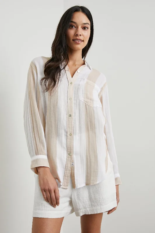 JAYLIN SHIRT - FLAX STRIPE Notch Collar Peter Pan Collar Cowl Neck