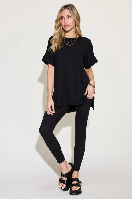 Short Sleeve Slit T-Shirt and Leggings Lounge Set Basic T-Shirt Crew Neck Short Sleeve