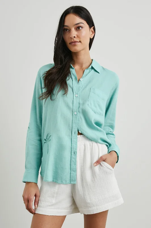 CHARLI SHIRT - AQUA PALM TREE EYELET Collared Crew Neck Turtle Neck