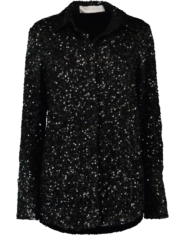 Sequined Straight Shirt Zippered Front Buttoned Front Snap Front