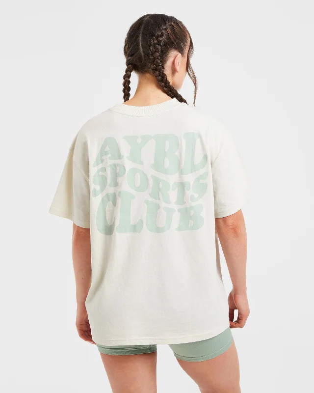 Sports Club Wavy Oversized T Shirt - Off White/Green Notch Collar Peter Pan Collar Cowl Neck
