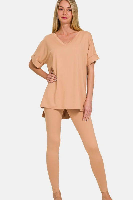 V-Neck Rolled Short Sleeve T-Shirt and Leggings Lounge Set Fitted T-Shirt Seamless Stretchy