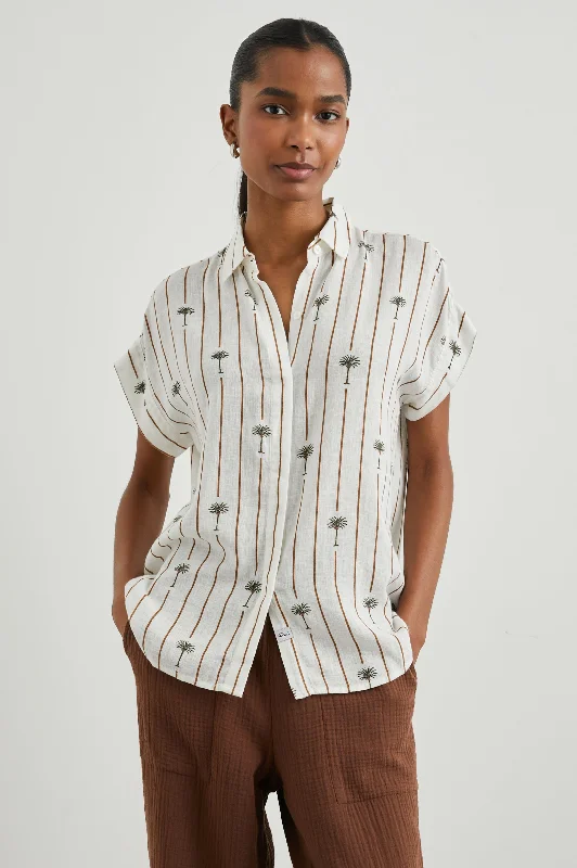 JAMIE SHIRT - STRIPE PALMS Zippered Front Buttoned Front Snap Front