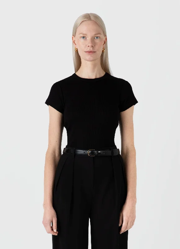 Women's Ribbed T-shirt in Black Welt Pockets Slit Pockets