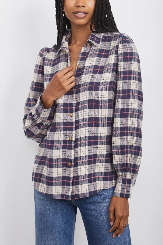 ANGELICA SHIRT - ALMOND PINK NAVY Striped Floral Plaid