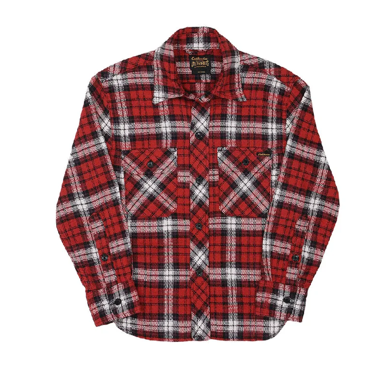 Long Sleeve Women's Boyfriend 2 Notch Flap Pocket Shirt / JAPANESE COTTON Flannel - Red/White Nylon Fabric Polyester Fabric Spandex Fabric