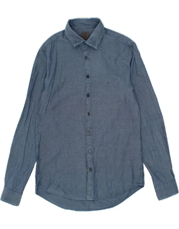 CALVIN KLEIN Mens Slim Fit Shirt Size 15 3/4 40 Medium Navy Blue Cotton-- Chenille Fabric Brocade Fabric Lace Fabric