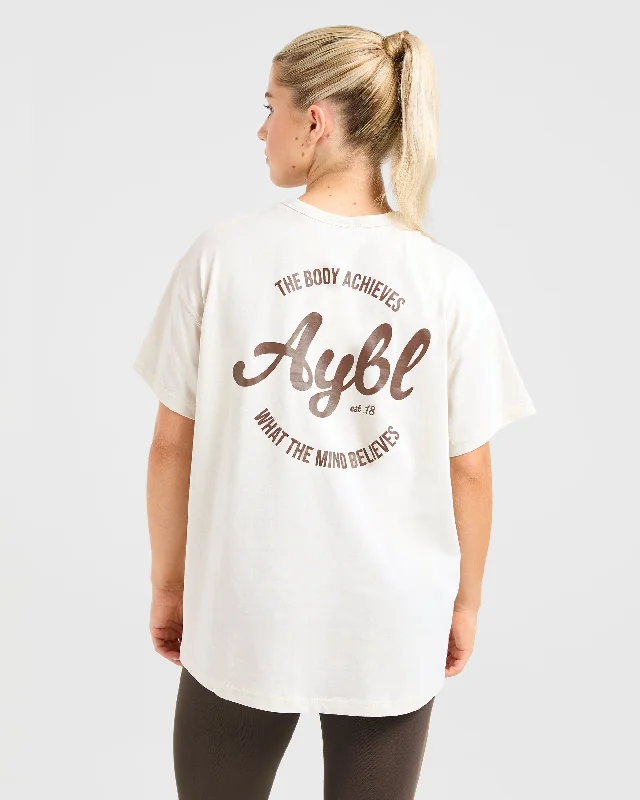 Body Achieve Mind Believe Oversized T Shirt - Beige Collared Crew Neck Turtle Neck