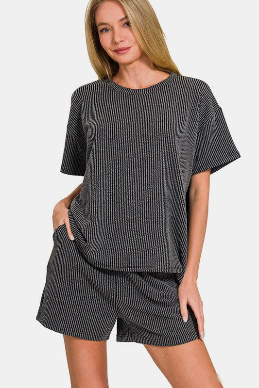 Rib Short Sleeve T-Shirt and Shorts Set Satin Blend Silk Blend Wool Blend