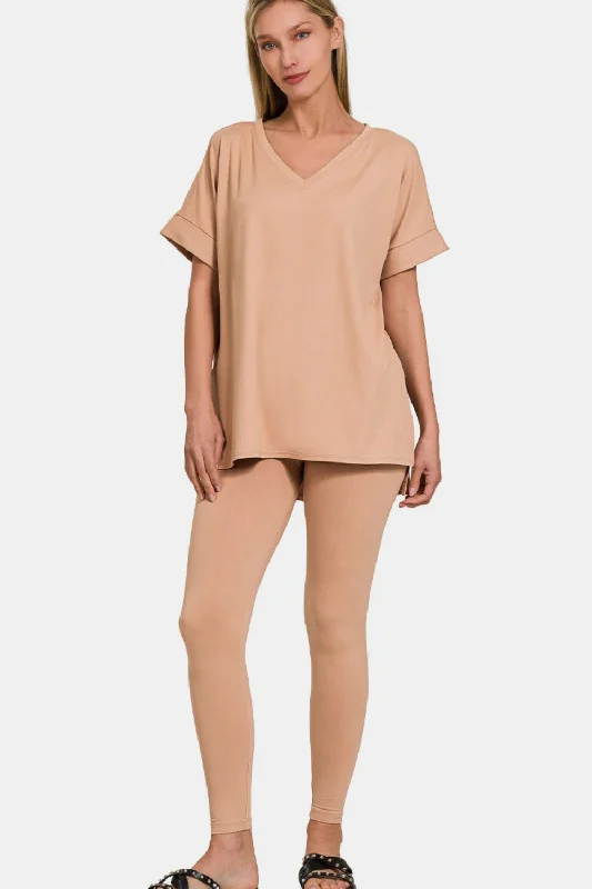 V-Neck Rolled Short Sleeve T-Shirt and Leggings Lounge Set Oversized T-Shirt Spandex breathable