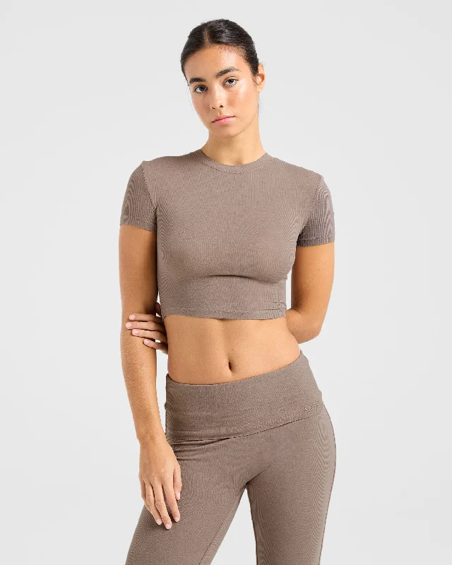Lounge Ribbed T Shirt - Mocha Boxy Fit Fitted Loose