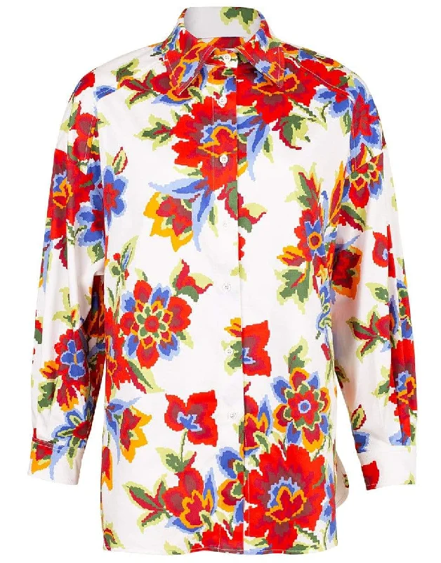 Pixel Floral Print Drop Shoulder Shirt Beaded Sequined Faux Fur
