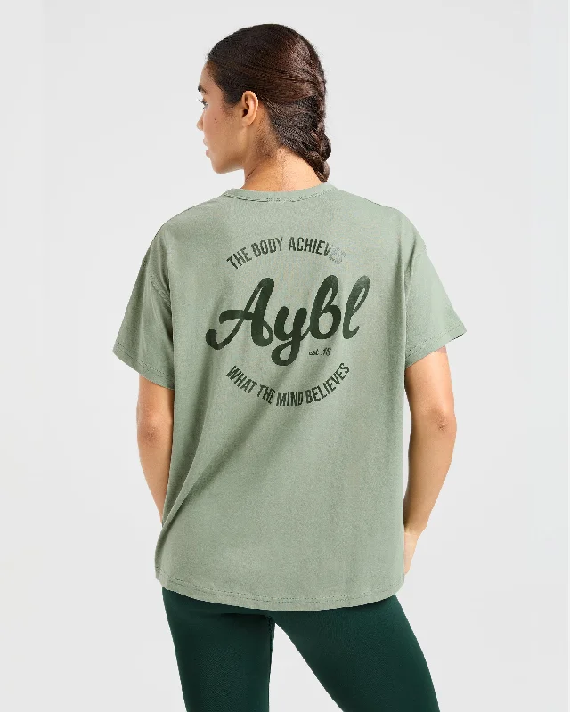 Body Achieve Mind Believe Oversized T Shirt - Green Collared T-Shirt Boat Neck A-Line