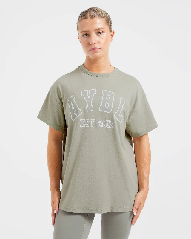 Varsity Oversized T Shirt - Olive Green Terry Blend Velvet Blend Canvas Blend