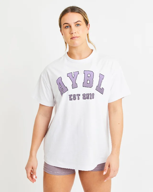 Varsity Oversized T Shirt - White/Purple Jersey Fabric Tulle Fabric Batik Fabric