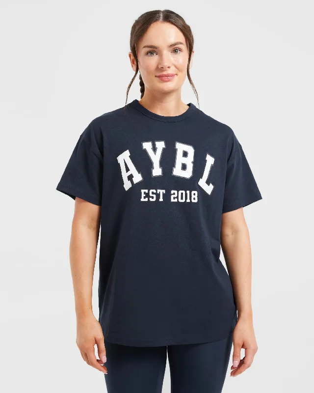 Varsity Oversized T Shirt - Navy Embroidered Appliqued Beaded