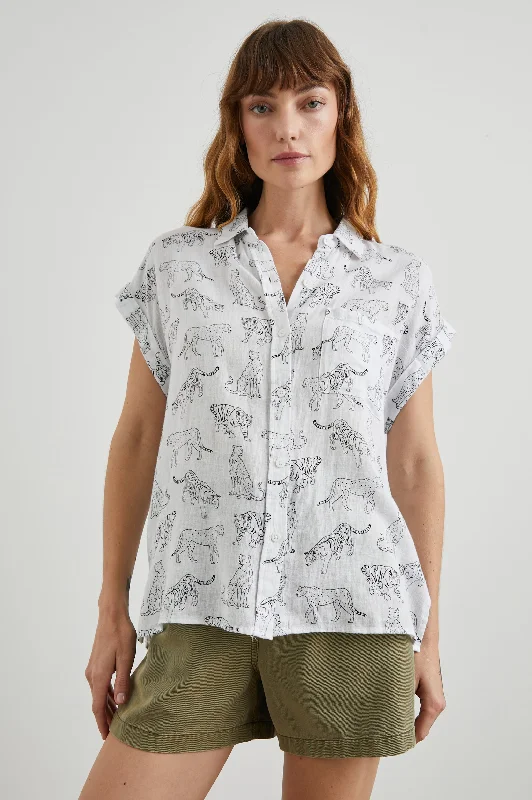 WHITNEY SHIRT - IVORY JUNGLE CATS Hooded Caped Shawl Collar