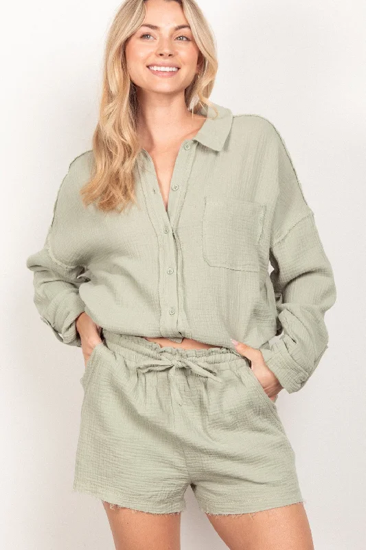 VERY J Texture Button Up Sage Shirt & Shorts Set for Women Chenille Blend Fleece Blend Nylon Blend